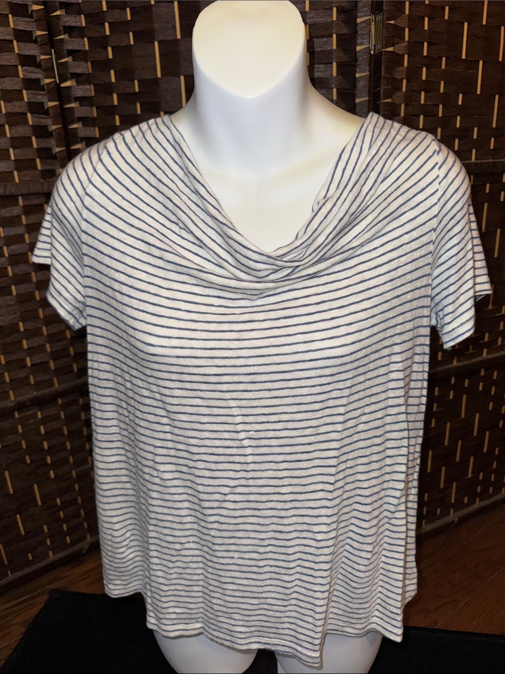 Maeve White and Navy Striped Cowl-Neck Short Sleeve Tee